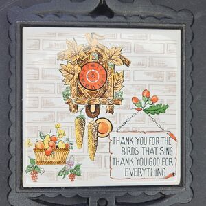 Vintage Cast Iron & Tile Trivet Enesco Cuckoo Clock Thank You God 1970s Retro
